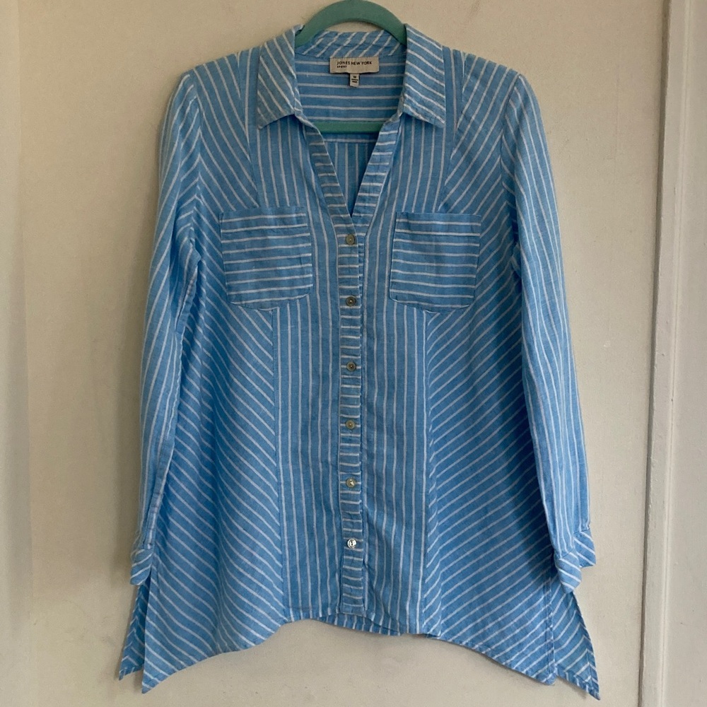 Jones New York Striped Nautical Linen Blouse Sz MD Button up Gauzy Breathable